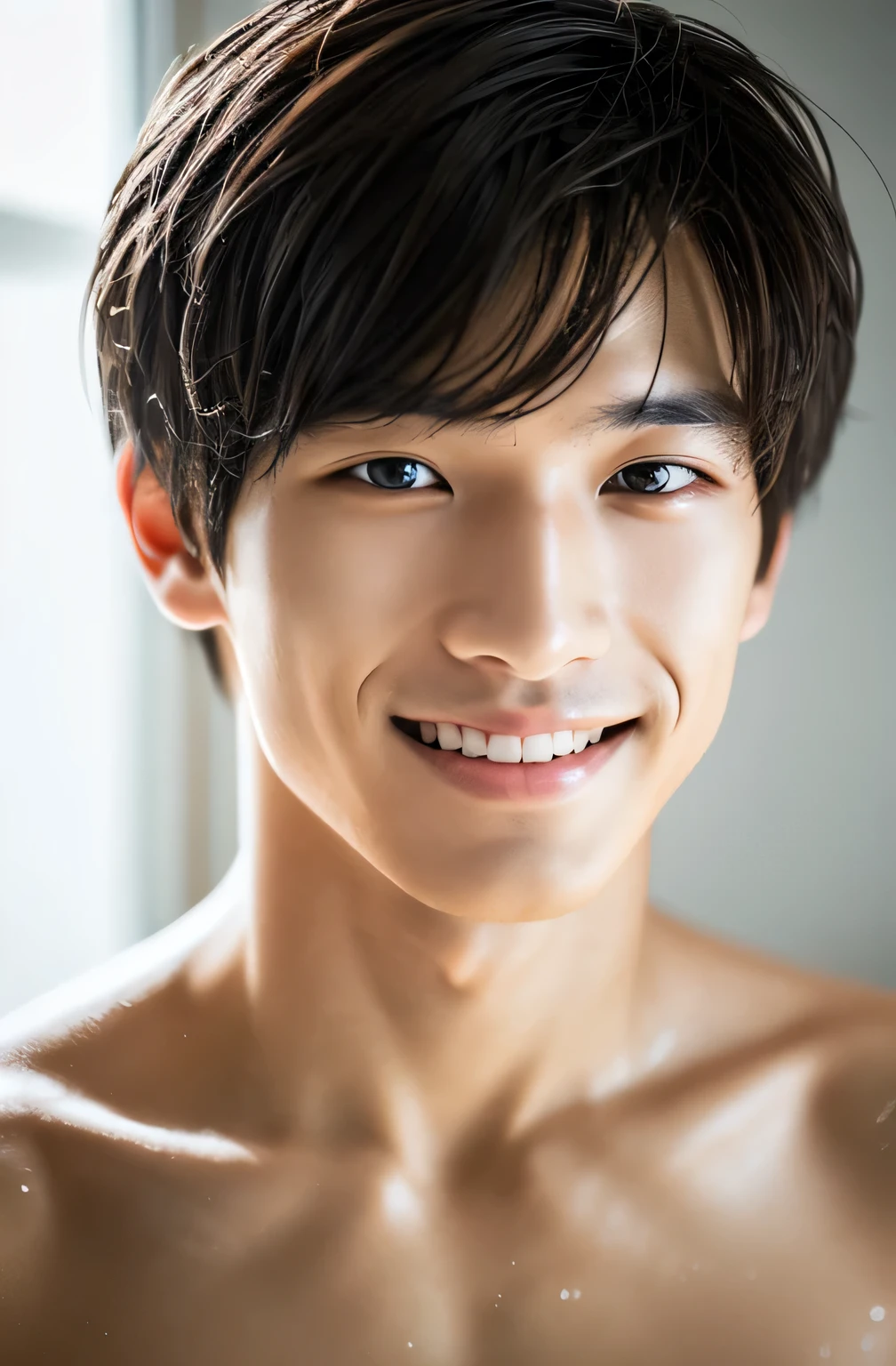 Highest quality, masterpiece, Ultra-high resolution, (Realistic: 1.4), Original photo, wallpaper, Head Photo, skin, Simple Background, Iris, detailed, Selfie, 1 boy, 18-year-old, good looking, Wind,shower、smile