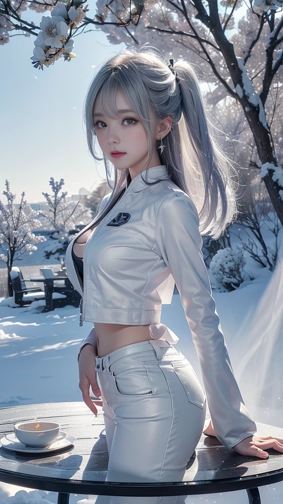 ((logo、masterpiece、8K、table top、RAW photo、wonderful、最high quality、フォトリアリスティックでvery detailedな CG 統合 8k 壁紙、high quality、very detailed、narrative poem、particle effects、dynamic effects、Depth of the bounds written、cinematic light、Lens flare、ray tracing、table top、realistic:1.4、超A high resolution:1.2、realistic、realistic))、fantasy、anatomically correct、((alone、1 female、view viewer、detailed face、silver hair、medium long hair、髪がWindで踊る、hair jump))、halter neck、white leather pants、white leather jacket、silver earrings、Wind、wonderful景、beautiful background、auspicious cloud、Falling petals、The scene is covered in ice and snow、A blue halo shines behind him