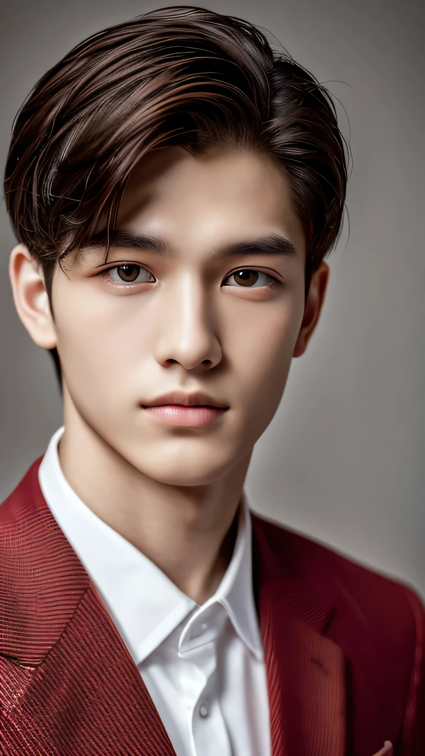 Highest quality, masterpiece, Ultra-high resolution, (Realistic: 1.4), Original photo, wallpaper, Head Photo, skin, Simple Background, Iris, detailed, Selfie, 1 boy, 18-year-old, good looking, Wind,Red suit