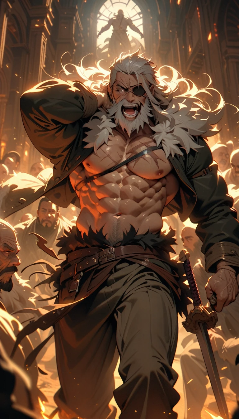 ((best quality)) , ((masterpiece)) , (detailed),beard, facial hair, male focus, muscular male, muscular, mustache, teeth, weapon, holding, long hair, mature male, scar, 1boy, pants, holding weapon, eyepatch, multicolored hair, veins, tongue, abs, scar across eye, brown hair, fur trim, multiple boys, white hair, open mouth, sword, pectorals, glowing, old man, old, long sleeves, bangs, scar on face, braid