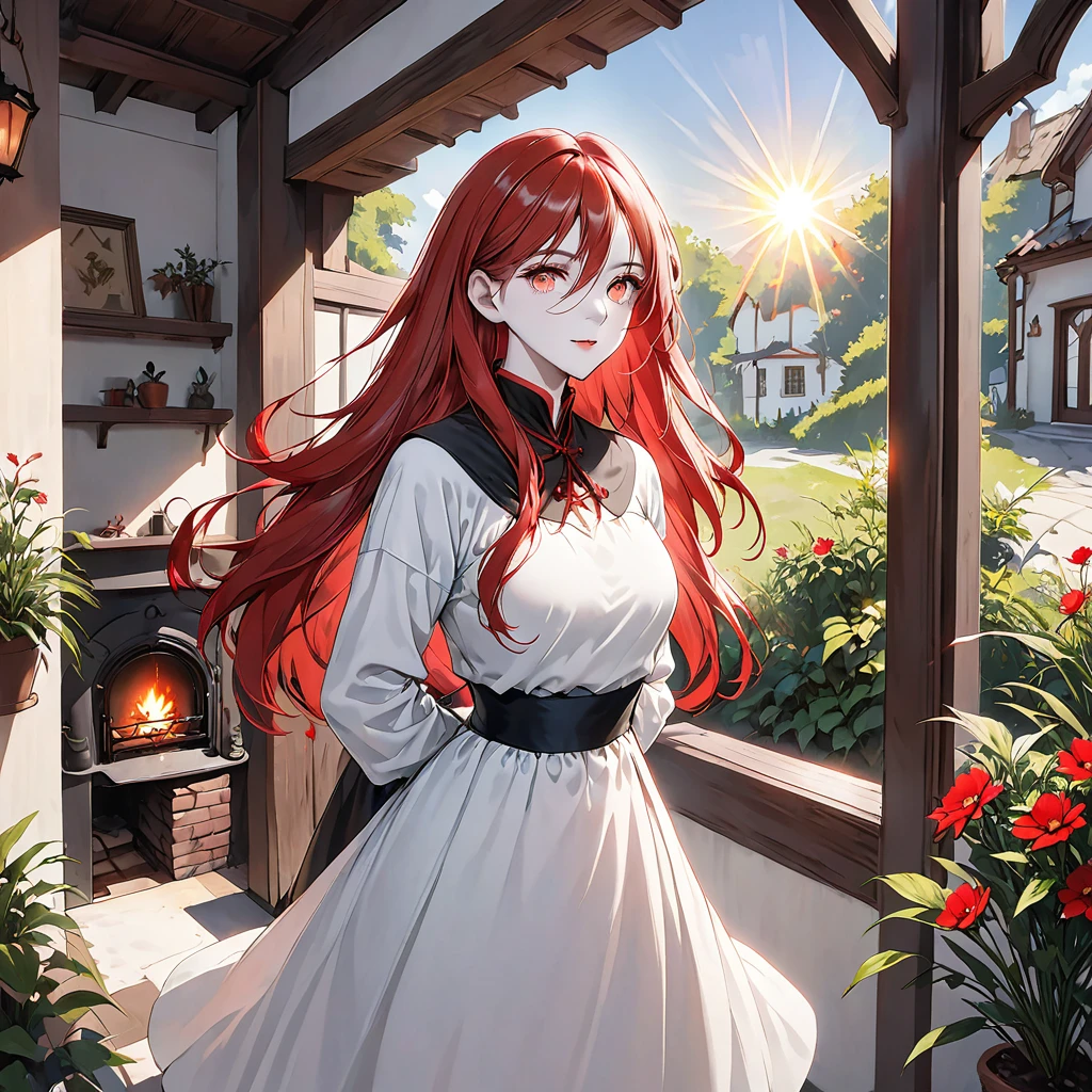 ((((Obra maestra, La mejor calidad, ultrahigh resolution)))), 1girl, standing, elegant dress, girl, ((very small black floppy in full view:1)), (long red hair in view, long hair:0.9, in frame), pale skin, ((grey eyes)), (glowing_eyes, luminescent eyes), (ultra detailed eyes:0.7, beautiful and detailed face, detailed eyes:0.9), ((centered)), smile, ((wide shot)), facing viewer, (((vibrant background of outside, cozy house interior with fireplace, bright lighting, summer, sunlight))), (medium breasts), looking at viewer, ((head, hips, elbows, arms, in view)), (((wide shot wearing a venetian mask)), ((hands behind back)), beautiful lighting, defined subject, (((cool))), ((sun glare, light breeze))