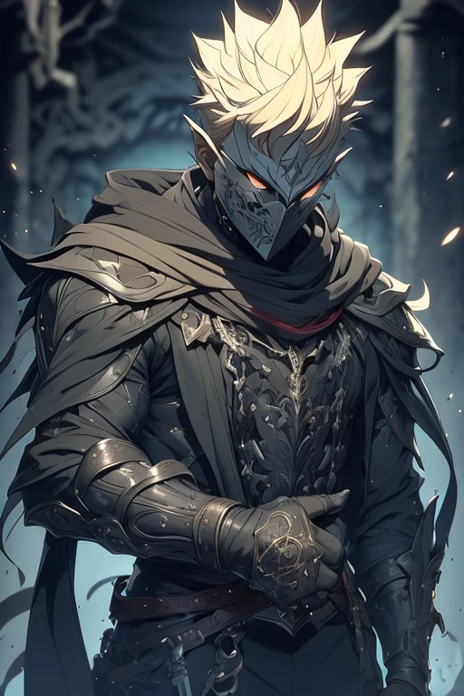 man, blond hair, short hair, green eyes, wears a mask that covers his entire face, only leaving his eyes and ears showing and his hair is also showing, pointy ears, wears a blue cloak with a contrasting black and has a symbol of a dragon with a white sword on it, holding a mithril dagger in his left hand, and in his right hand holding a silver dagger, the scene is a field full of swords stuck in it