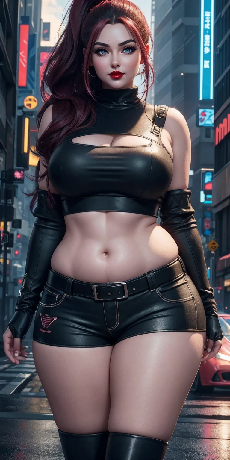 (masterpiece, best quality, expressive eyes, perfect face, hyper-realistic detailed face), Ultra HD, 4K, HDR, (8K), 3D cyberpunk street, gaming hubs, cyberpunk theme, night, futuristic, (1024K), reflections, glass, mirrors, RTX 4090 ti, ray tracing, high octane render, (Doll in cyberpunk streets, gorgeous), (curvy), age 20, confident smirk, wearing shorts, high ponytail, (((red lips))), (((anime like eyes, thick eyelashes))), ((raised arrogant eyebrows)), ((heavy makeup)), pink cheeks, perfect body, (wide hips, wide waist, torso, belly, navel), (curvaceous figure), sweaty skin, (youthful skin), pale white skin