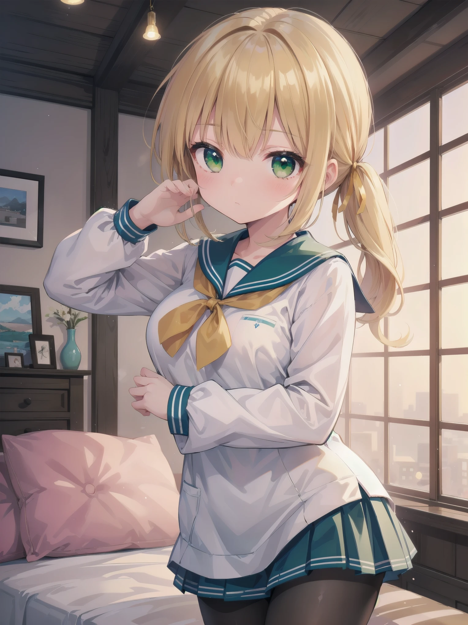 Masterpiece, illustration, super detailed, kawaii, one girl, 独奏, slender 14 year old, Japanese girl, chou chou, ribbon, nape of neck, low ponytail, cute pose in Less revealing attire, (green sailor outfit, two gold lines), large gold ribbon, priss skirt, black pantyhose, , Long Sleeves, White innerwear for sailor suit, living room, cowgirl shot, sfw, dynamic angle、Close-up on the characters、(building, city、A dense fog of fluorescent particles、１８００Era、Japanese Style、Fiction、grow、Overwhelming、Detailed street）、A beautiful girl with a beautiful background and a super cute pose
