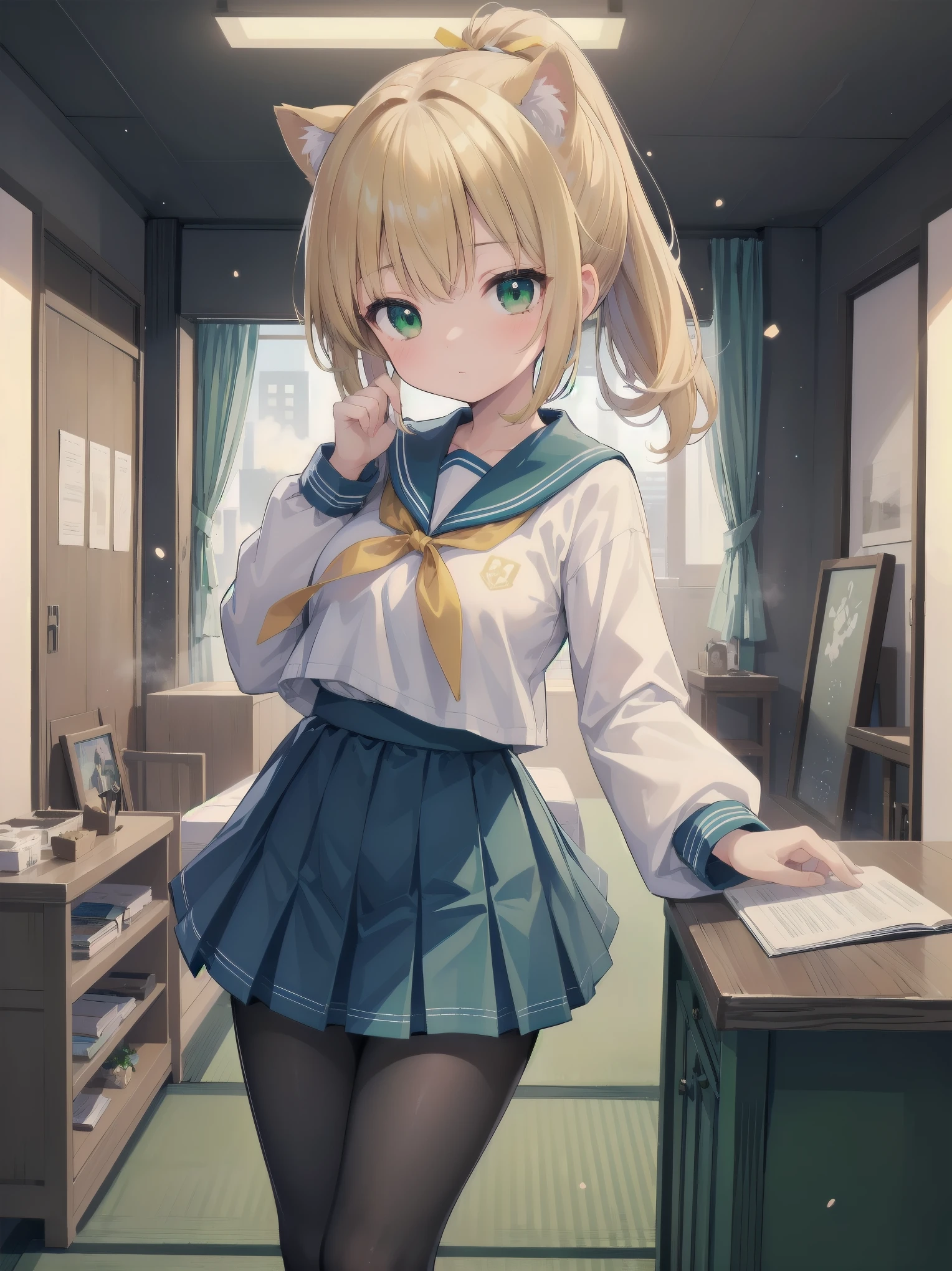 Masterpiece, illustration, super detailed, kawaii, one girl, 独奏, slender 14 year old, Japanese girl, chou chou, ribbon, nape of neck, low ponytail, cute pose in Less revealing attire, (green sailor outfit, two gold lines), large gold ribbon, priss skirt, black pantyhose, , Long Sleeves, White innerwear for sailor suit, living room, cowgirl shot, sfw, dynamic angle、Close-up on the characters、(building, city、A dense fog of fluorescent particles、１８００Era、Japanese Style、Fiction、grow、Overwhelming、Detailed street）、A beautiful girl with a beautiful background and a super cute pose
