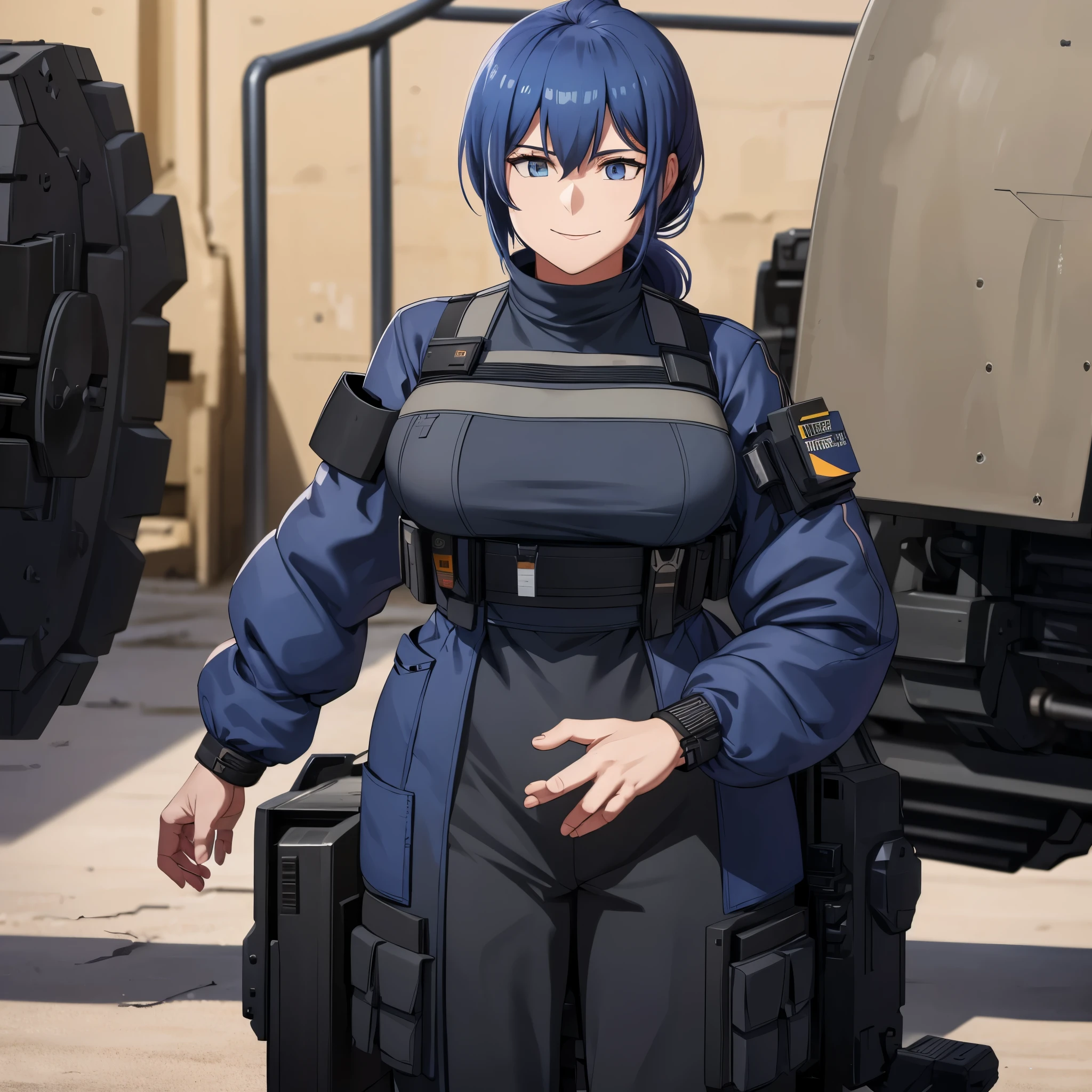 A woman wearing a black military uniform, black pants, black military vest, black boots, military coat, blue hair, ponytail hair, standing, smiling, blue eyes, on a concrete platform, at a military base, place of day, big breasts, mature woman, perfect face, perfect eyes.UHD , prime work , accurate , anatomically correct , textured skin , super details , high quality , best quality, 8k, high resolution, bokeh effect. (woman solo)
