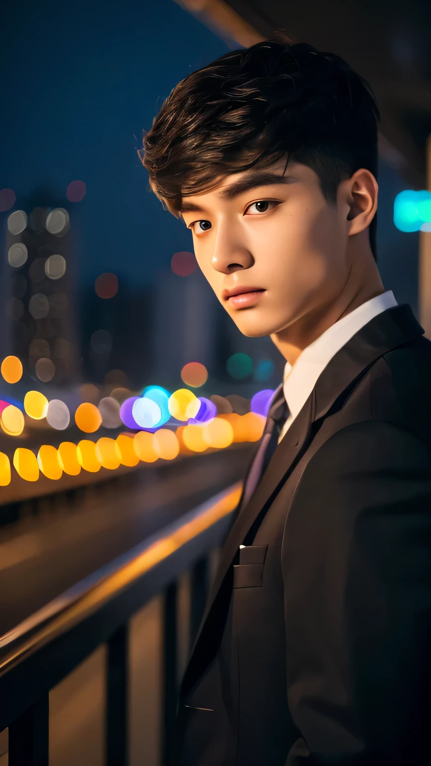 Highest quality, masterpiece, Ultra-high resolution, (Realistic: 1.4), Original photo, wallpaper, Head Photo, skin, Simple Background, Iris, detailed, Selfie, 1 boy, 18-year-old, good looking, Wind,suit、Night view