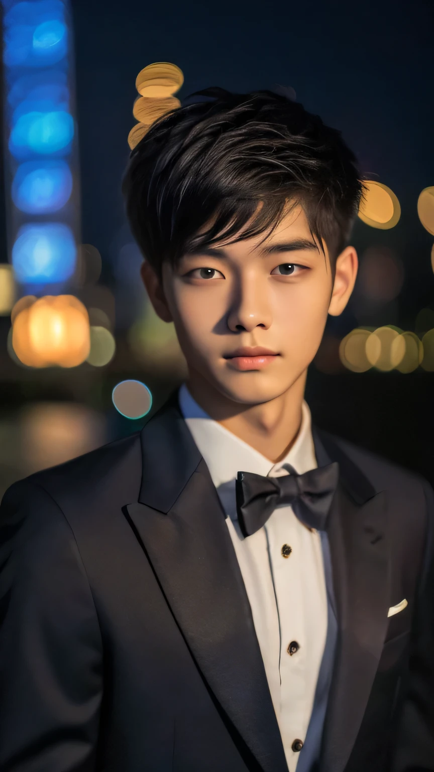 Highest quality, masterpiece, Ultra-high resolution, (Realistic: 1.4), Original photo, wallpaper, Head Photo, skin, Simple Background, Iris, detailed, Selfie, 1 boy, 18-year-old, good looking, Wind,suit、Night view