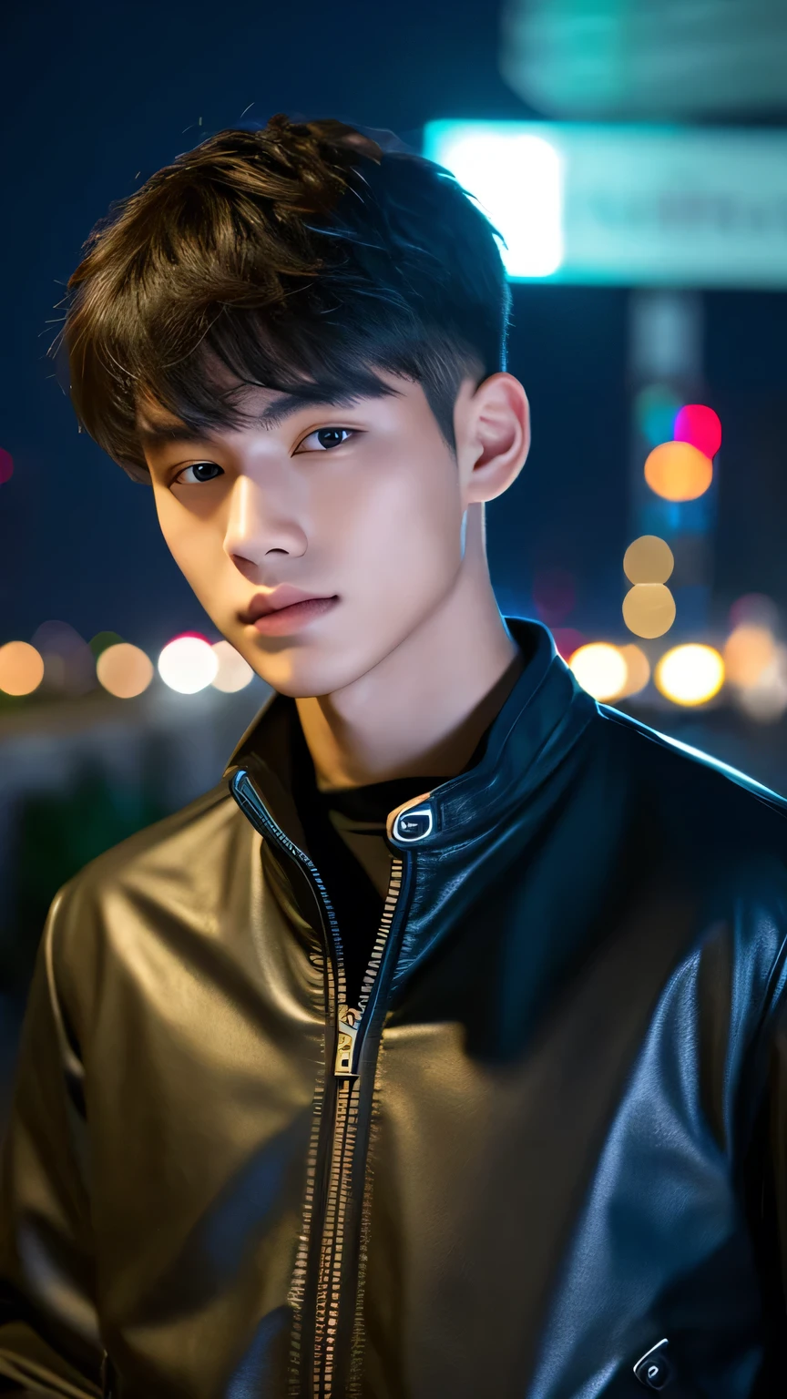 Highest quality, masterpiece, Ultra-high resolution, (Realistic: 1.4), Original photo, wallpaper, Head Photo, skin, Simple Background, Iris, detailed, Selfie, 1 boy, 18-year-old, good looking, Wind,、Riders jacket、Night view