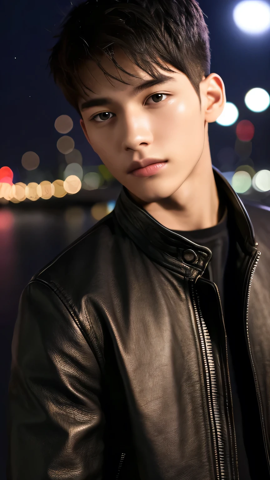 Highest quality, masterpiece, Ultra-high resolution, (Realistic: 1.4), Original photo, wallpaper, Head Photo, skin, Simple Background, Iris, detailed, Selfie, 1 boy, 18-year-old, good looking, Wind,Leather jacket、Night view
