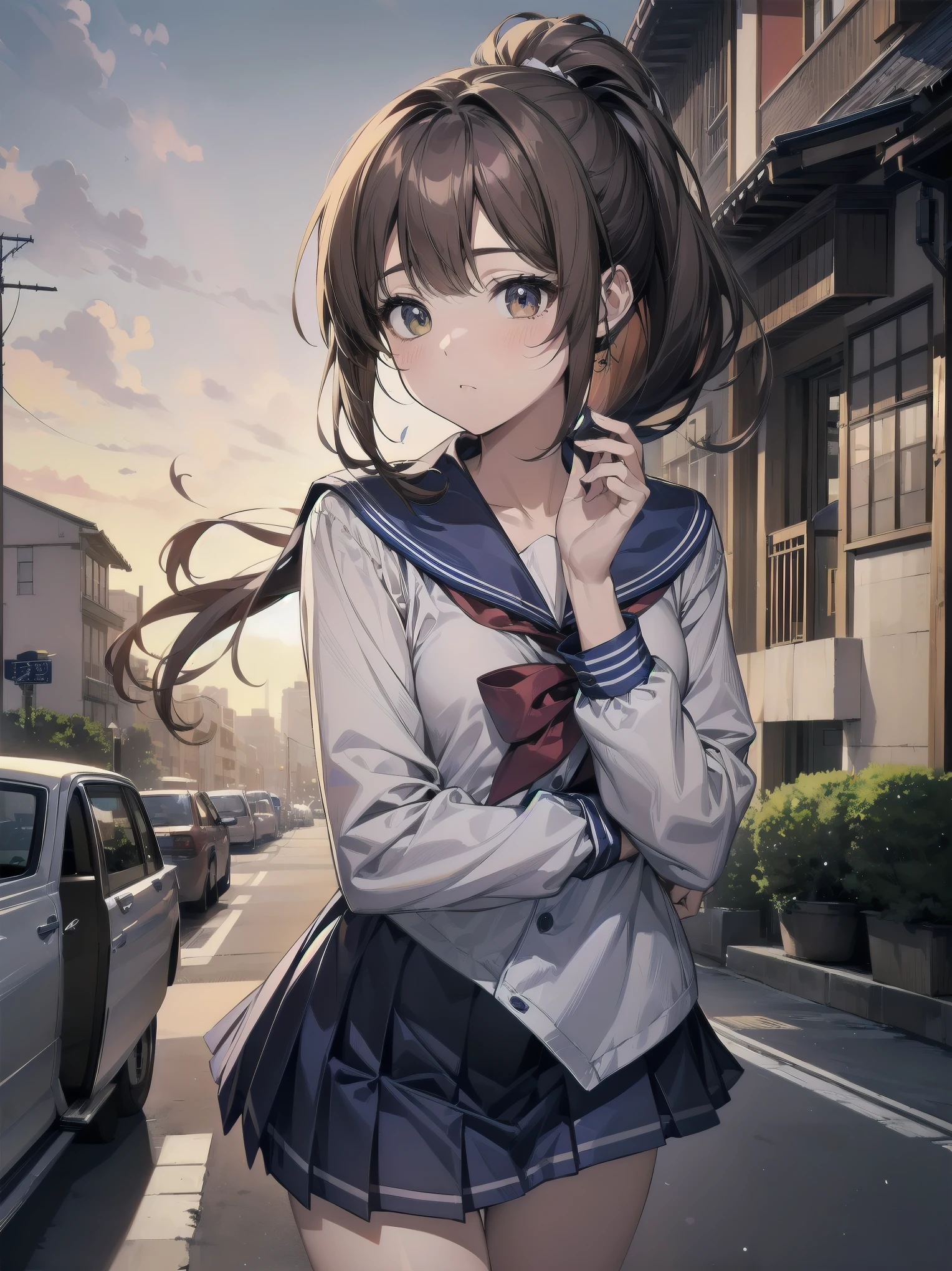 Masterpiece, illustration, super detailed, kawaii, one girl, 独奏, slender , Japanese girl, chou chou, ribbon, nape of neck, low ponytail, cute pose in Less revealing attire, (Sailor uniform from Girls' Saint Academy, navy blue, white with 3 lines on collar), priss skirt, white socks, loafers, , Long Sleeves, White innerwear for sailor suit, living room, cowgirl shot, sfw, dynamic angle、Close-up on the characters、(building, city、A dense fog of fluorescent particles、1800Era、Japanese Style、Fiction、grow、Overwhelming、Detailed street)、A beautiful girl with a beautiful background and a super cute pose