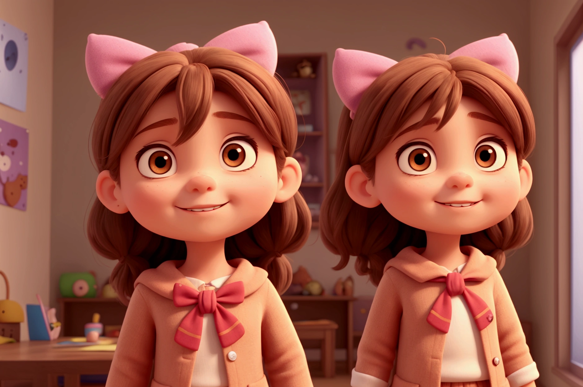 Create a children's book character called Bia. She has brown hair, large, expressive eyes. She loves to wear colorful clothes and almost always has a bow in her hair.