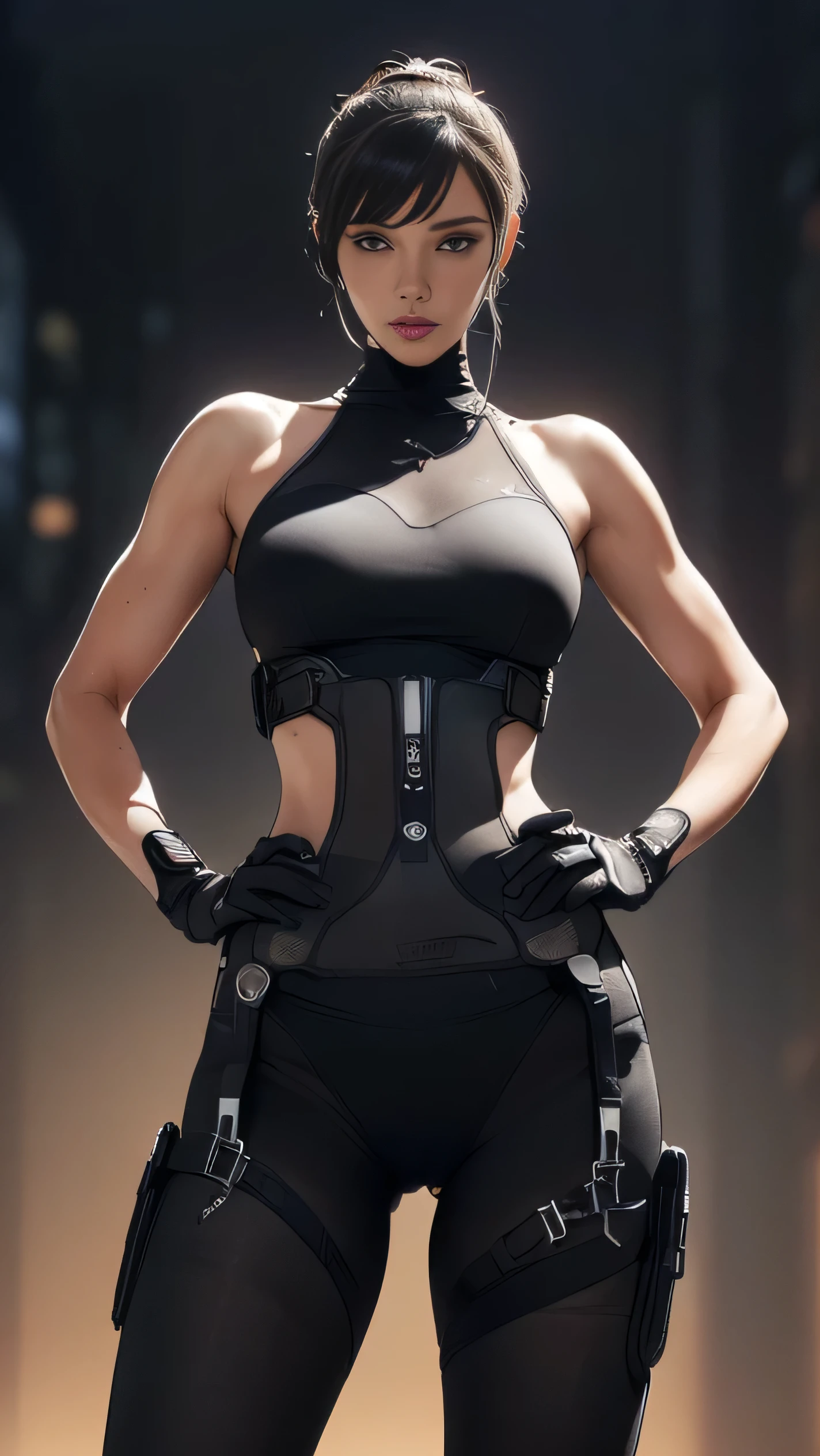 (A woman),(((Future female police officer standing))),((Black Tactical Tights:1.5)),((Camel toe:1.5)),((earphone:1.5)),((Tactical Holster:1.5)),(Gloves:1.5),(((Hands on hips:1.5))),(front:1.5),(From below:1.2),(Super chignon hair:1.5),(bionde:1.5),(beautiful eyes:1.3),(Very detailedな顔:1.5),((Very detailed drawing of a female hand:1.5)),((muscular:1.5)),(Sexy look:1.5),((Thick thighs:1.5)),(Beautiful Body:1.5),((Very sensual:1.5)),(The backdrop is a futuristic city:1.5),(Cyberpunk atmosphere:1.5),(((Blurred background:1.5))),(Written border depth:1.5),rest(((masterpiece:1.5),(best quality:1.5),(Very detailed:1.5),(high resolution:1.5),(Practical:1.5),(Practical:1.5),(Delicate depiction),(carefully drawn))),8k,wallpaper,