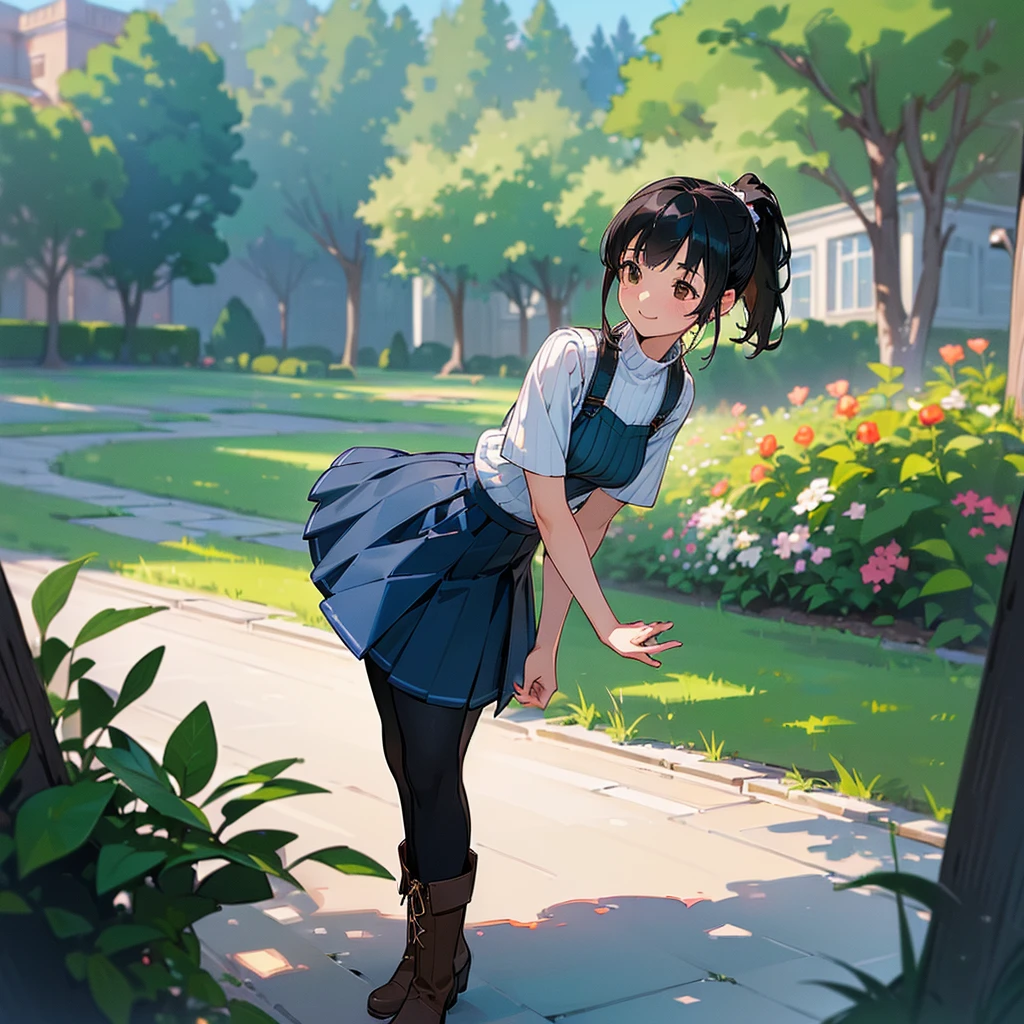 (high quality, High resolution, Very detailed, reality:1.37), Peaceful atmosphere, (Outdoor, garden), age girl standing alone, (my breasts are big.), Beautiful details, Cute Smile, (Black hair ponytail), Short sleeve ribbed sweater, Blue Skirt, Black tights, Brown boots.