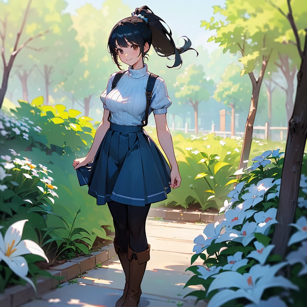 (high quality, High resolution, Very detailed, reality:1.37), Peaceful atmosphere, (Outdoor, garden), Teenage girl standing alone, (my breasts are big.), Beautiful details, Cute Smile, (Black hair ponytail), Short sleeve ribbed sweater, Blue Skirt, Black tights, Brown boots.