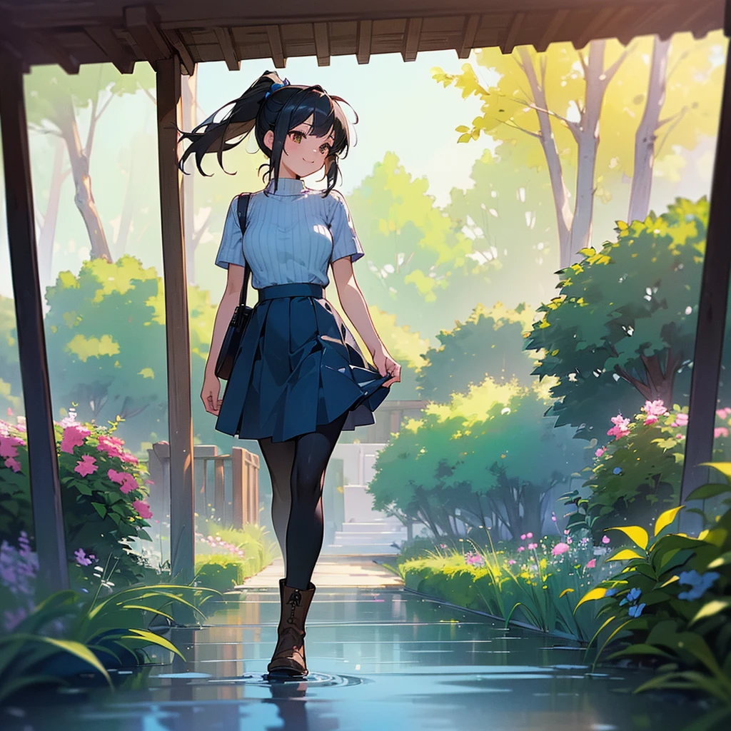 (high quality, High resolution, Very detailed, reality:1.37), Peaceful atmosphere, (Outdoor, garden), Teenage girl standing alone, (my breasts are big.), Beautiful details, Cute Smile, (Black hair ponytail), Short sleeve ribbed sweater, Blue Skirt, Black tights, Brown boots.