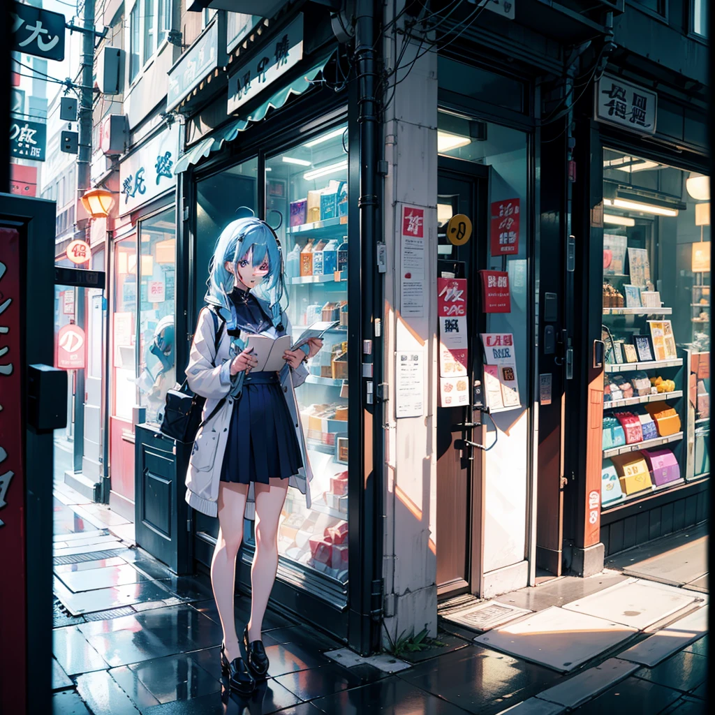 Light blue hair woman standing in night city、A look of shame、shame、naked、Shame pose、Neon Street、（Messy light）、（Best Highlights）、（Best Shadows）、（highestdetailed）、（Highest image quality 8K）、（masutepiece）