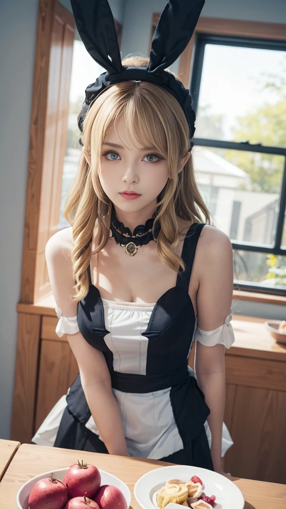 8K，best quality，On the table：1.2），（Practical，realism：1.37），Shooting from the hip，best quality，On the table，beautiful，Thoughtful expression，charming、Attractive appearance，Cute maid outfit，hair tied behind the head, blonde，blond，Long hair，curls，blue eyes，background, Light blue，Wearing a pink bunny ears headband，（top down：1.2）