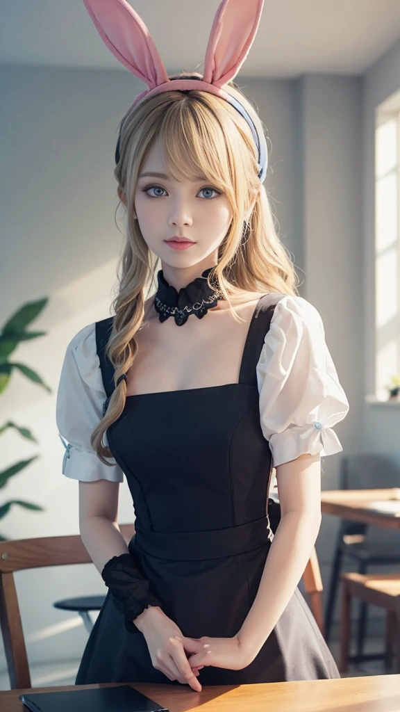 8K,best quality,On the table:1.2),(Practical,realism:1.37),Shooting from the hip,best quality,On the table,beautiful,Thoughtful expression,charming、Attractive appearance,Cute maid outfit,hair tied behind the head, blonde,blond,Long hair,curls,blue eyes,background, Light blue,Wearing a pink bunny ears headband,(top down:1.2)