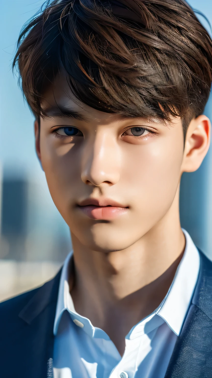 Highest quality, masterpiece, Ultra-high resolution, (Realistic: 1.4), Original photo, wallpaper, Head Photo, skin, Simple Background, Iris, detailed, Selfie, 1 boy, 18-year-old, good looking, Wind,blazer