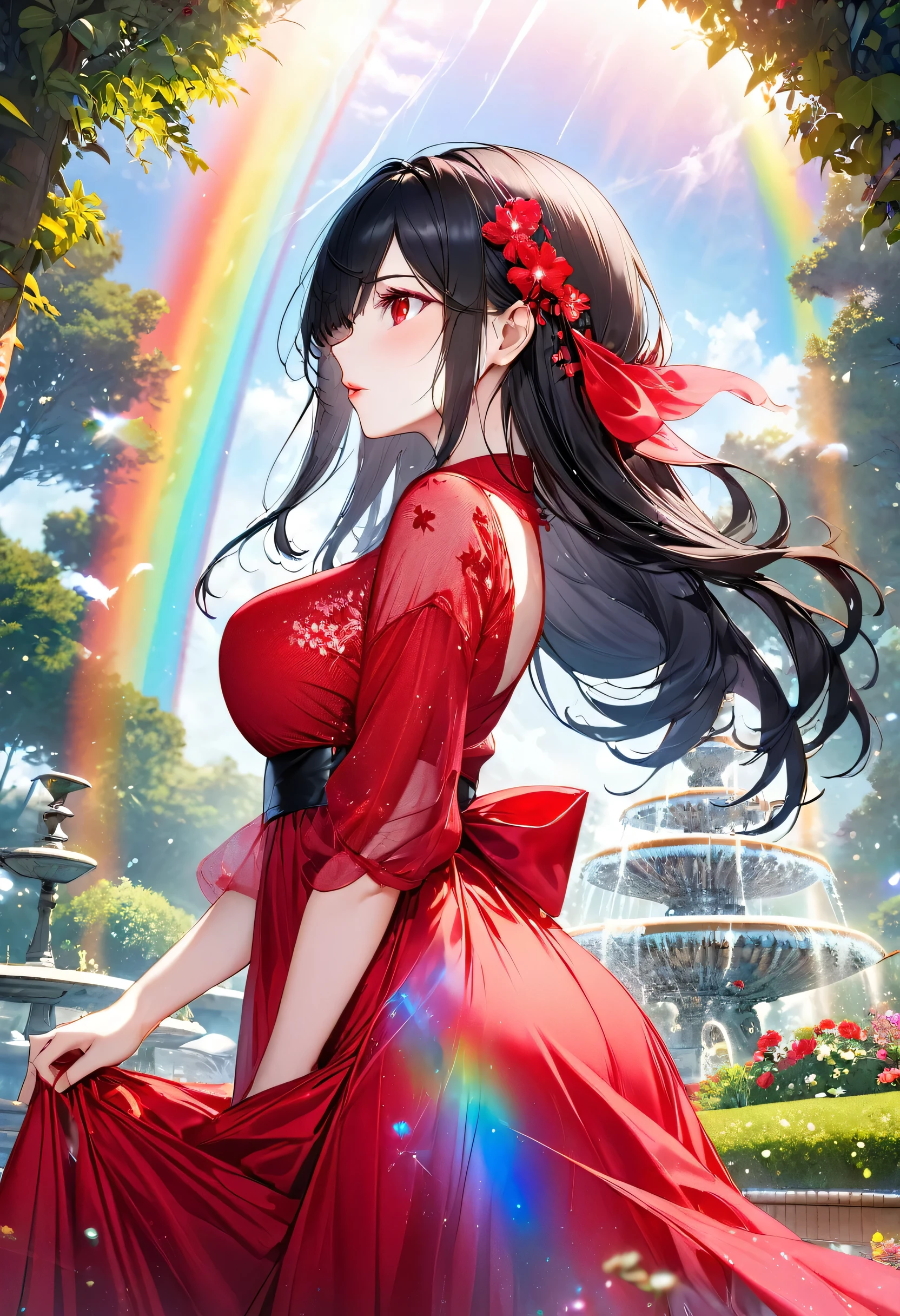 (profile beautiful style), (solo:2, 18 yo), (beautiful straight) (beautiful detailed black hair, very long hair) (best sadist girl, cool beautiful red eyes, glossy lip, big tits, looking sky), in a immensely beautiful red dress with double exposure grow, break, in the beautiful enchanted garden, Large fountain with double exposure rainbow, BREAK, perfect anatomy, masterpiece, best quality, 16k, beautiful detailed love, daydreaming expression.
