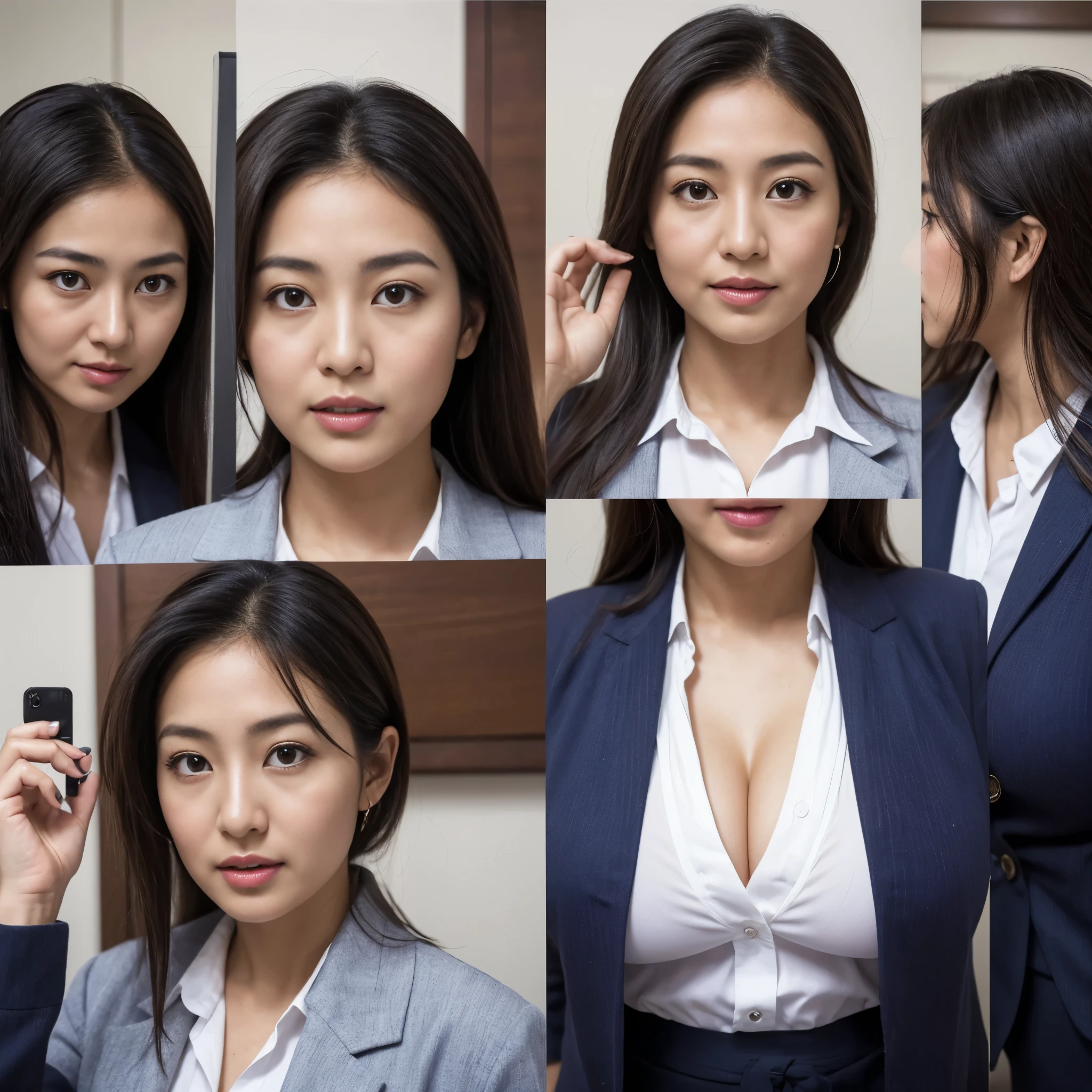1 girl, Anissa Ichikawa, a middle-aged woman with a plump figure, turns 56 this year. Dressed in a Unbuttoned police suit and a knee-length skirt, ((wearing hijab)), she exudes an aura of authority and beauty in this portrait. Her long, messy hair frames her face, adding to her charming appearance. Sweat beads on her forehead, hinting at the hectic nature of her work in the messy office behind her. Her upwards gaze and lustful Expression, half-open upper eyes engage with the viewer, inviting them into her world. This intriguing mix of a Japan-Indonesian native and Ex-gravure Idol wears tight clothes that reveal a hint of her upper body, (((Multiple Photos In One Frame))), (((Zooming Photos to Breast))), (((NATURAL LARGE BREAST :1.2)))