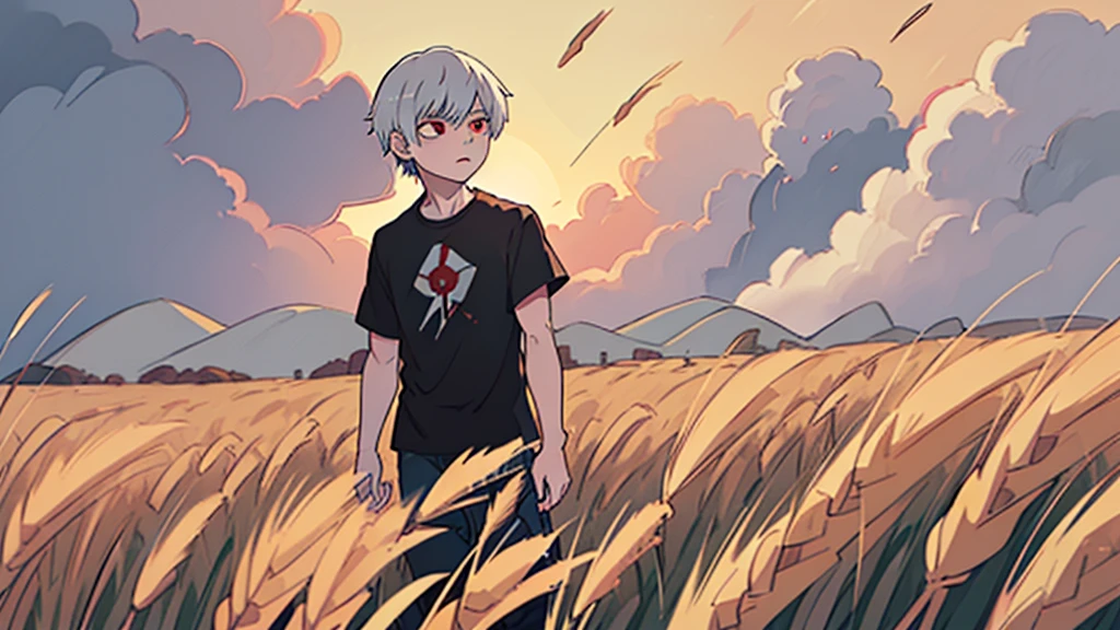 kaneki ken playing on the computer in the middle of the wheat field, under blue sky and clouds and sunset, kaneki ken wearing black t-shirt, White hair, red eyes, pale white skin, volumetic lighting, Depth of field,