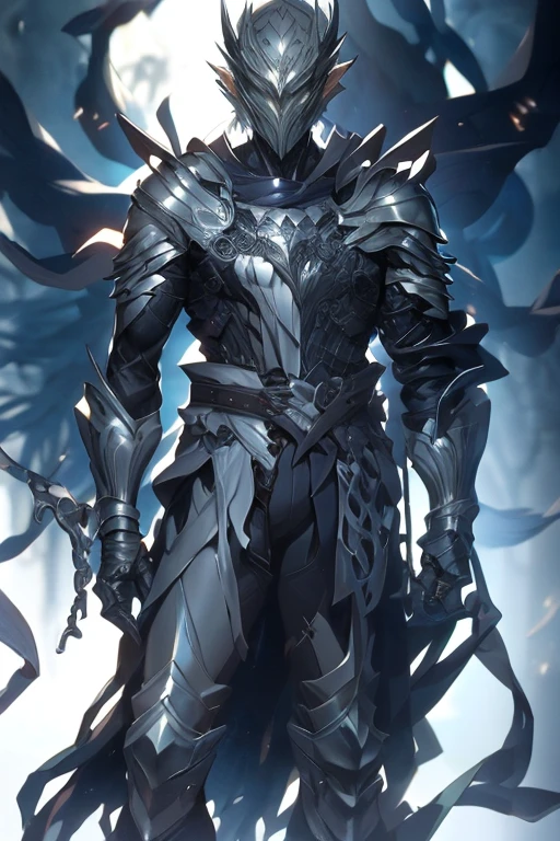 man, blond hair, short hair, green eyes, wears a mask that covers his entire face, only leaving his eyes and ears showing and his hair is also showing, pointy ears, wears a blue cloak with a contrasting black and has a symbol of a dragon with a white sword on it, he wears armor on his waist, holding a mithril dagger in his left hand, and in his right hand holding a silver dagger, the scene is a field full of swords stuck in him