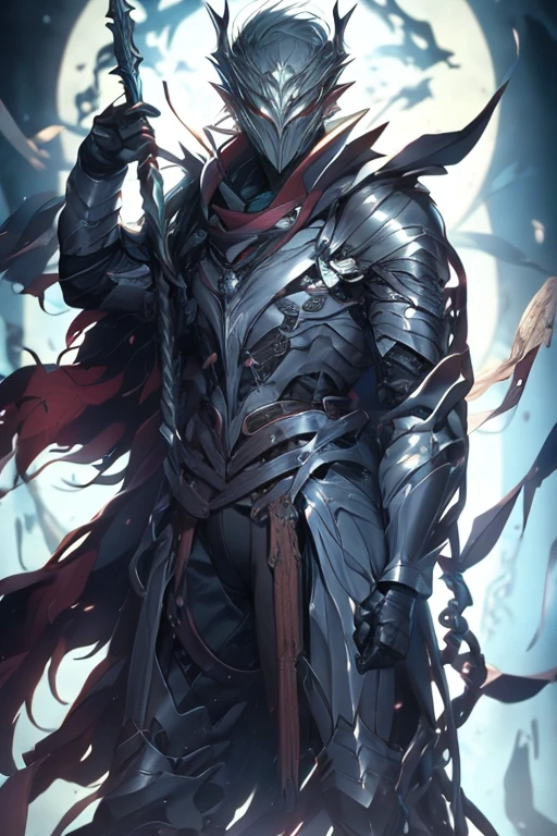 man, blond hair, short hair, green eyes, wears a mask that covers his entire face, only leaving his eyes and ears showing and his hair is also showing, pointy ears, wears a blue cloak with a contrasting black and has a symbol of a dragon with a white sword on it, he wears armor on his waist, holding a mithril dagger in his left hand, and in his right hand holding a silver dagger, the scene is a field full of swords stuck in him