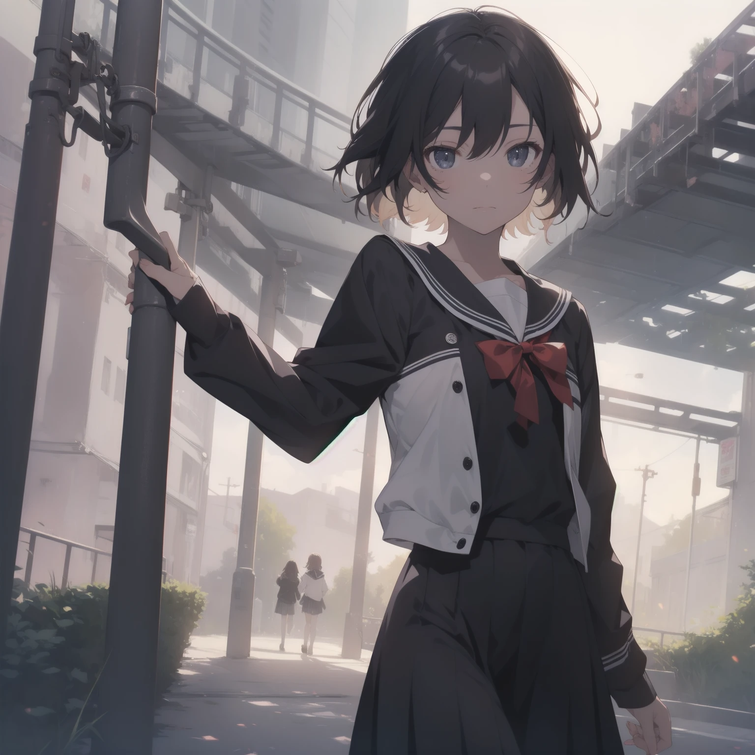 ultra-absurdres-Top quality by artist God, ultra-detailed, high resolution, anime moe artstyle, best anime 8k konachan wallpaper, pixiv contest winner, pool:2810, perfect anatomy,break, 1girl, (Please draw a girl walking sleepily to school alone. )break,(Solo,little female, 13-year-old:1.3),Full limbs, complete fingers,a junior high school student, (very short hair), short cut, flat chest, , small butt, small black eyes, beautiful detailed eyes, well-proportioned iris and pupils, expressive eyes, highres detailed hair, soft expression, salor school_uniform, sailor collar, serahuku, bow, pleated skirt,(Detailed Lighting), (Detailed background), in the School commute route. break,super detailed skin, Best cinematic lighting powered by famous artist, 8k,beauty illustration,photoshop_(medium),very aesthetic,break,((artist:anti_(untea9) )), artist:clamp ,artist:carnelian ,artist:kantoku ,