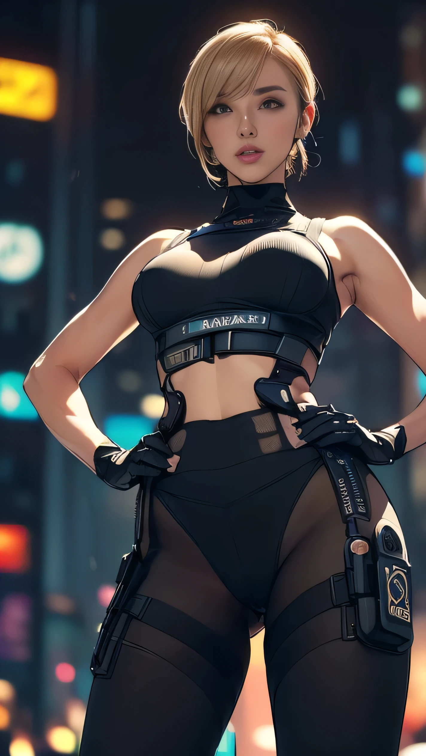 (A woman),(((Future female police officer standing))),((Black Tactical Tights:1.5)),((Camel toe:1.5)),((earphone:1.5)),((Tactical Holster:1.5)),(Gloves:1.5),(((Hands on hips:1.5))),(front:1.5),(From below:1.2),(Super short hair:1.5),(bionde:1.5),(beautiful eyes:1.3),(Very detailedな顔:1.5),((Very detailed drawing of a female hand:1.5)),((muscular:1.5)),(Sexy look:1.5),((Thick thighs:1.5)),(Beautiful Body:1.5),((Very sensual:1.5)),(The backdrop is a futuristic city:1.5),(Cyberpunk atmosphere:1.5),(((Blurred background:1.5))),(Written border depth:1.5),rest(((masterpiece:1.5),(best quality:1.5),(Very detailed:1.5),(high resolution:1.5),(Practical:1.5),(Practical:1.5),(Delicate depiction),(carefully drawn))),8k,wallpaper