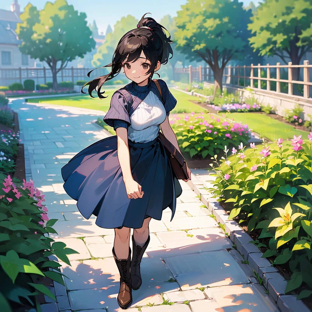 (high quality, High resolution, Very detailed, reality:1.37), Peaceful atmosphere, (Outdoor, garden), age girl standing alone, (my breasts are big.), Beautiful details, Cute Smile, (Black hair ponytail), Short sleeve ribbed sweater, Blue Skirt, Black tights, Brown boots.