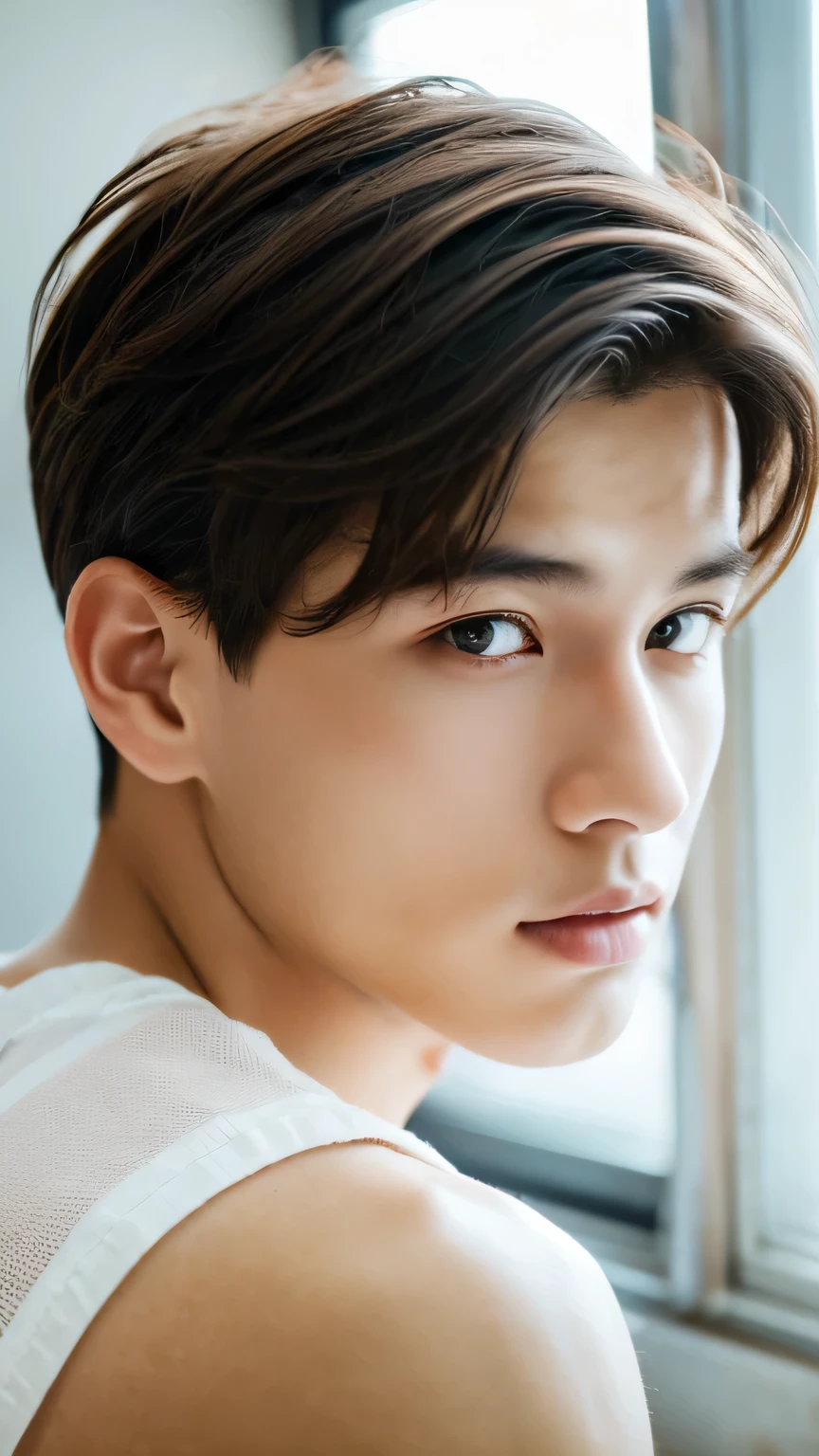 Highest quality, masterpiece, Ultra-high resolution, (Realistic: 1.4), Original photo, wallpaper, Head Photo, skin, Simple Background, Iris, detailed, Selfie, 1 boy, 18-year-old, good looking, Wind,bakery