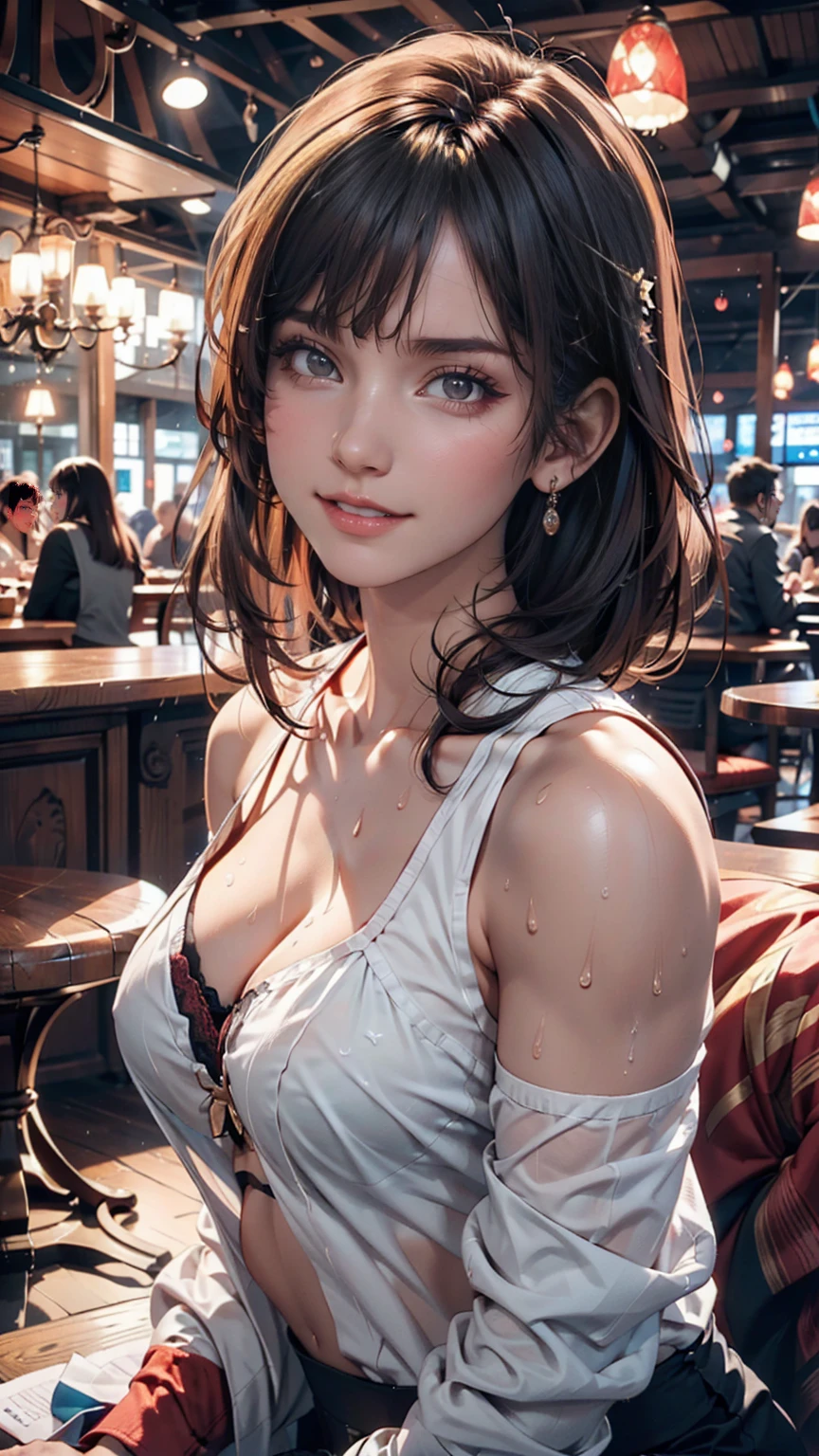 (8k, Highest quality, masterpiece:1.2), (Realistic, photo-Realistic:1.37), Very detailed,((( 1 girl))),alone,Beautifully detailed skies,Detailed Cafe,night,Sitting,Date,(Red nose),(smile:1.15),(Mouth closed) Small breasts,Beautiful attention to detail,(shirt:1.1), night, Wet, rain,White lace, (short hair:1.2),Floating Hair NovaFrogStyle, ((whole body)),stand, sexy, cute