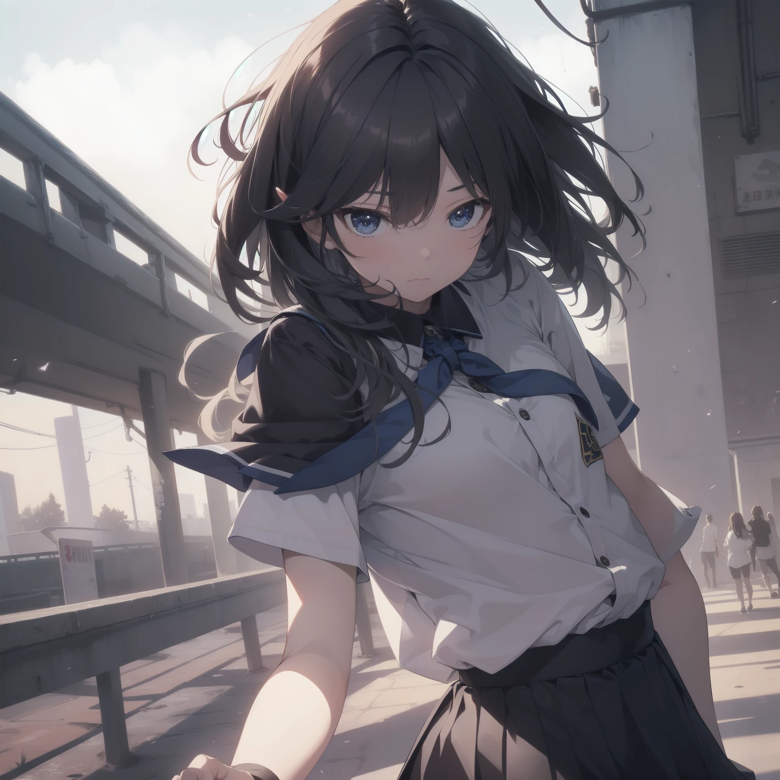 ultra-absurdres-Top quality by artist God, ultra-detailed, high resolution, anime moe artstyle, best anime 8k konachan wallpaper, pixiv contest winner, pool:2810, perfect anatomy,break, 1girl, (Please draw a girl walking sleepily to school alone. )break,(Solo,little female, 13-year-old:1.3),Full limbs, complete fingers,a junior high school student, (very short hair), short cut, flat chest, , small butt, small black eyes, beautiful detailed eyes, well-proportioned iris and pupils, expressive eyes, highres detailed hair, soft expression, salor school_uniform, sailor collar, serahuku, bow, pleated skirt,(Detailed Lighting), (Detailed background), in the School commute route. break,super detailed skin, Best cinematic lighting powered by famous artist, 8k,beauty illustration,photoshop_(medium),very aesthetic,break,((artist:anti_(untea9) )), artist:clamp ,artist:carnelian ,artist:kantoku ,