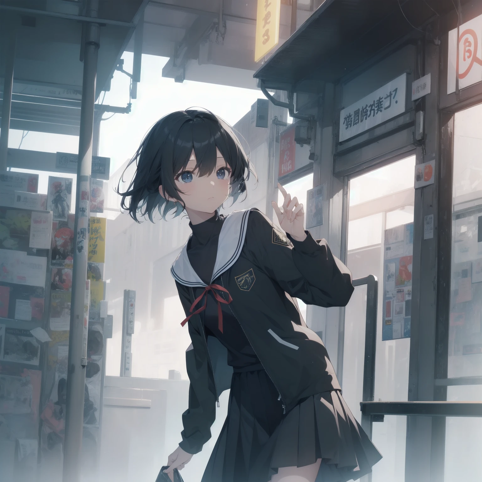 ultra-absurdres-Top quality by artist God, ultra-detailed, high resolution, anime moe artstyle, best anime 8k konachan wallpaper, pixiv contest winner, pool:2810, perfect ???????,break, 1girl, (Please draw a girl walking sleepily to school alone. )break,(Solo,little female, 13-year-old:1.3),Full limbs, complete fingers,a junior high school student, (very short hair), short cut, flat chest, , small butt, small black eyes, beautiful detailed eyes, well-proportioned iris and pupils, expressive eyes, highres detailed hair, soft expression, salor school_uniform, sailor collar, serahuku, bow, pleated skirt,(Detailed Lighting), (Detailed background), in the School commute route. break,super detailed skin, Best cinematic lighting powered by famous artist, 8k,beauty illustration,photoshop_(medium),very aesthetic,break,((artist:anti_(untea9) )), artist:clamp ,artist:carnelian ,artist:kantoku ,