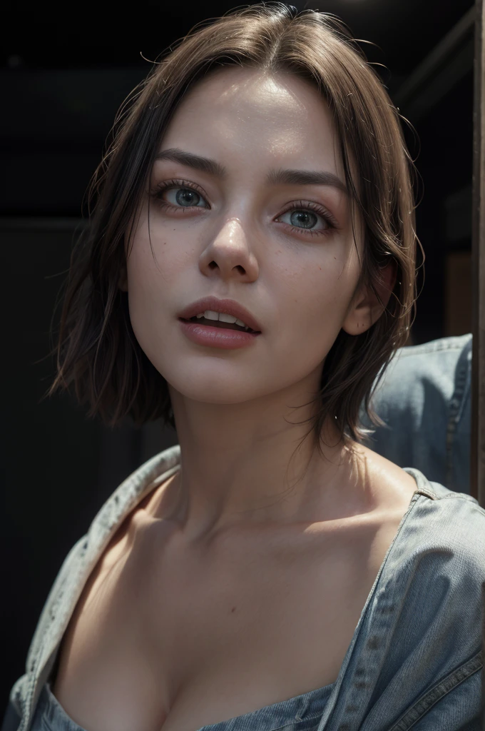 1 beautiful woman, open-mouthed expression, work shirt, jeans, cinematic lighting, detailed facial features, realistic, photorealistic, high quality, 8k, masterpiece, vibrant colors, dramatic lighting, cinematic composition, incredible details, intricate textures