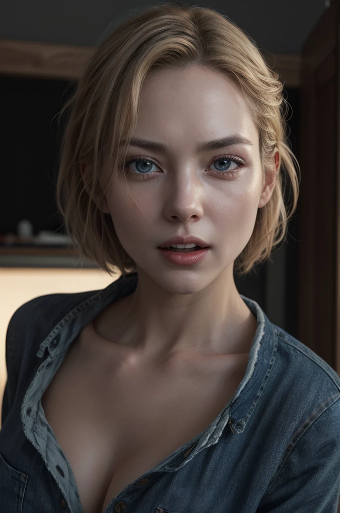 1 beautiful woman, open-mouthed expression, work shirt, jeans, cinematic lighting, detailed facial features, realistic, photorealistic, high quality, 8k, masterpiece, vibrant colors, dramatic lighting, cinematic composition, incredible details, intricate textures