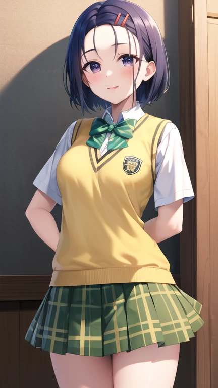 masterpiece, best quality, highres, aaharuna, short hair, hairclip, forehead, , green bowtie, white shirt, sweater vest, yellow vest, short sleeves, plaid skirt, green skirt, pleated skirt, standing, cowboy shot, outdoors,