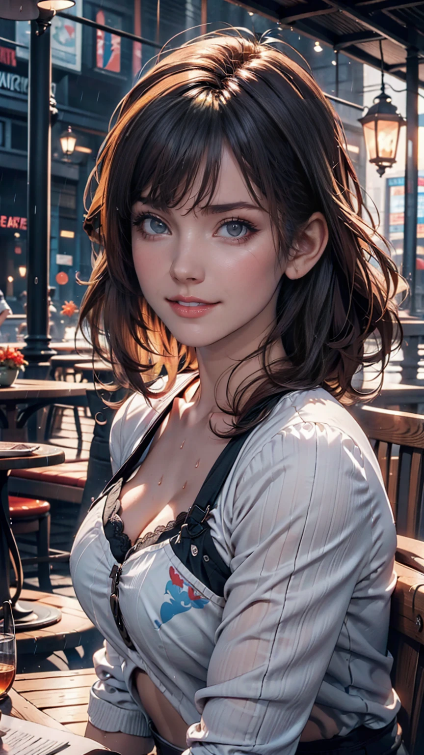 (8k, Highest quality, masterpiece:1.2), (Realistic, photo-Realistic:1.37), Very detailed,((( 1 girl))),alone,Beautifully detailed skies,Detailed Cafe,night,Sitting,Date,(Red nose),(smile:1.15),(Mouth closed) Small breasts,Beautiful attention to detail,(shirt:1.1), night, Wet, rain,White lace, (short hair:1.2),Floating Hair NovaFrogStyle, ((whole body)),stand, sexy, cute