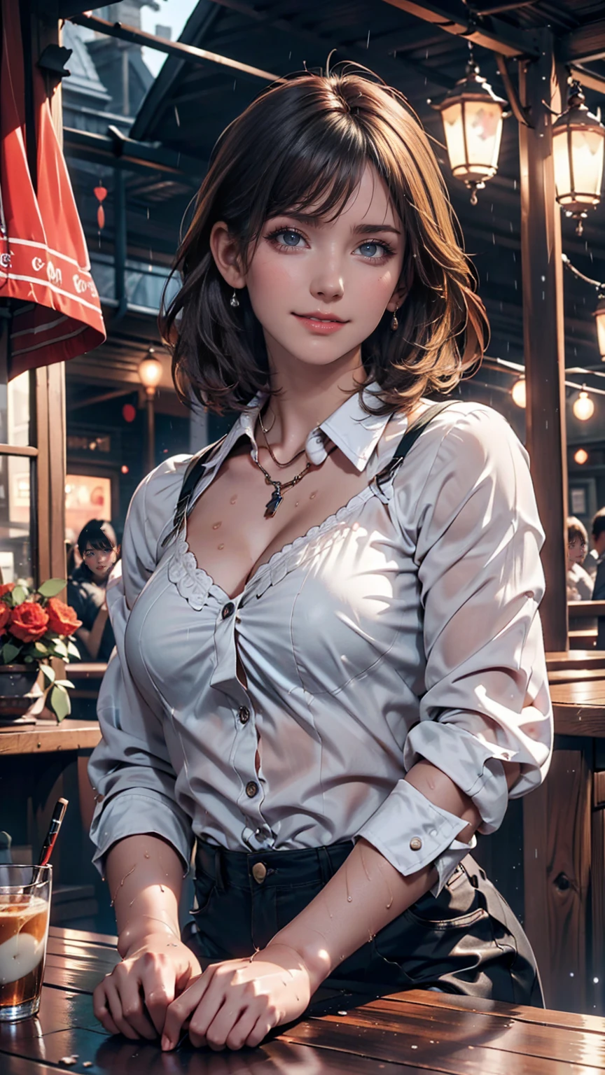 ((((masterpiece, Highest quality, High resolution)))), Extremely detailed 8K, スリムな体を持つsexyな美しい10代の新入社員, (Ultra HD, Very detailed, Very detailed, Very realistic, Ultra-realistic, Photo Real), (One girl:1.5), Blonde, Like a short bob cut, (Dynamic pose), To the camera, A light smile, (Huge breasts: 1.2), (Beautifully detailed face, Beautiful attention to detail), (White sleeveless frilly long coat, A flashy long-sleeved white frilled shirt,The chest buttons are not fastened,The shirt was wide open,Thin material,Grey frilled long skirt, Red emblem printed:1.5), (Pink nipples visible through shirt:1.2), Shine, Sweat, (Light of the sun, sunlight)，sexyな長い脚, naked,Exposed breasts,sexy, blush,Looking up at the sky, Ultra-realisticな広大な風景, photogenic scenery,Sitting on a bench Outdoor Flower Park, Windy Day,Hair blowing in the wind