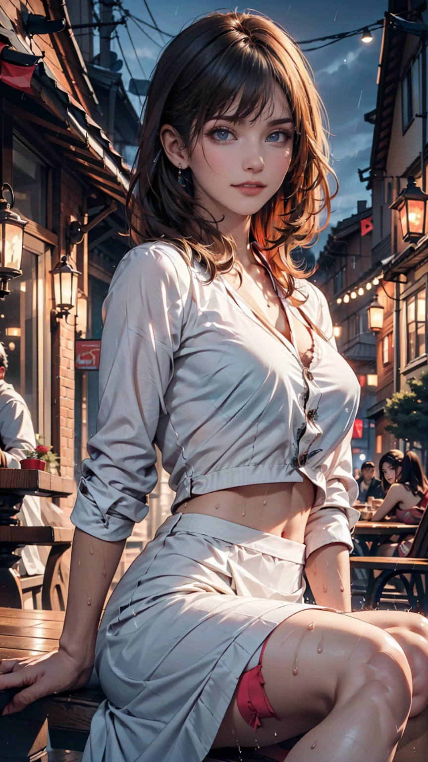 (8k, Highest quality, masterpiece:1.2), (Realistic, photo-Realistic:1.37), Very detailed,((( 1 girl))),alone,Beautifully detailed skies,Detailed Cafe,night,Sitting,Date,(Red nose),(smile:1.15),(Mouth closed) Small breasts,Beautiful attention to detail,(shirt:1.1), night, Wet, rain,White lace, (short hair:1.2),Floating Hair NovaFrogStyle, ((whole body)),stand, sexy, cute