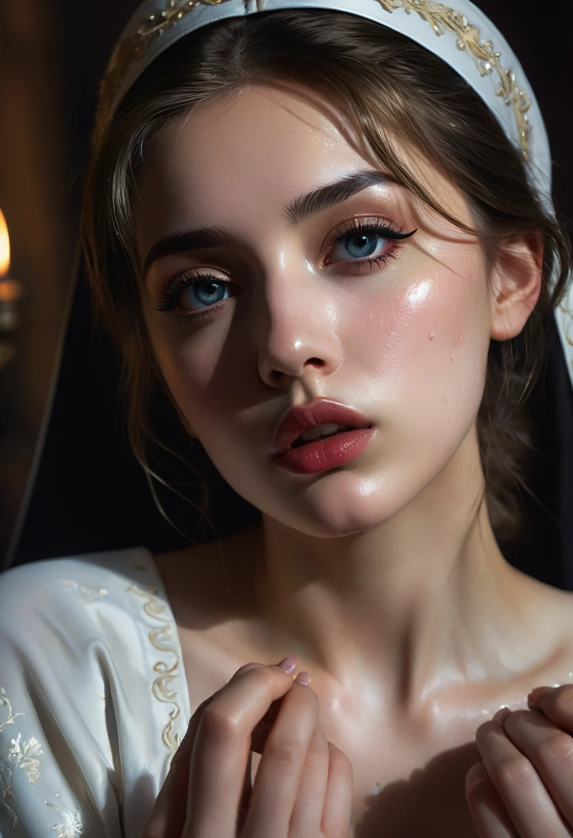 a young female christian priest, beautiful detailed eyes, beautiful detailed lips, extremely detailed face, long eyelashes, sensual expression, reaching down, naked man, penis in her hand, fellatio, cum splatter, dramatic lighting, cinematic composition, moody colors, dark shadows, chiaroscuro lighting, baroque style, oil painting, photorealistic, 8k, high quality, intricate details, dramatic atmosphere