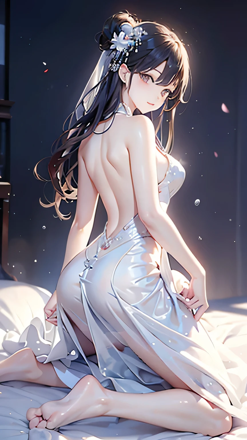 Hips,Beautiful back,Yao Yao,Fox Teacher,Water pearl wedding dress,Long hair,Added a little flexibility,Rich in layers,Soaked,Big ,Kneeling on the bed,Eat ice cream