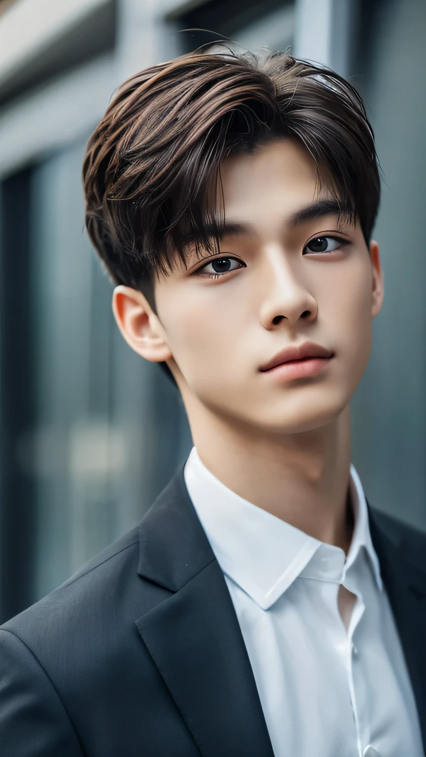 Highest quality, masterpiece, Ultra-high resolution, (Realistic: 1.4), Original photo, wallpaper, Head Photo, skin, Simple Background, Iris, detailed, Selfie, 1 boy, 18-year-old, good looking, Wind,suit