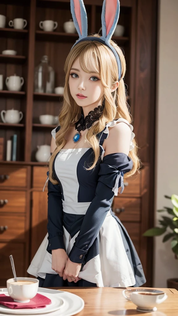 8K,best quality,(Practical,realism:1.37),Shooting from the hip,best quality,On the table,beautiful,Thoughtful expression,charming、Attractive appearance,Cute maid outfit,hair tied behind the head, blonde,blond,Long hair,curls,blue eyes,background, Light blue,Wearing a pink bunny ears headband,(top down:1.2)