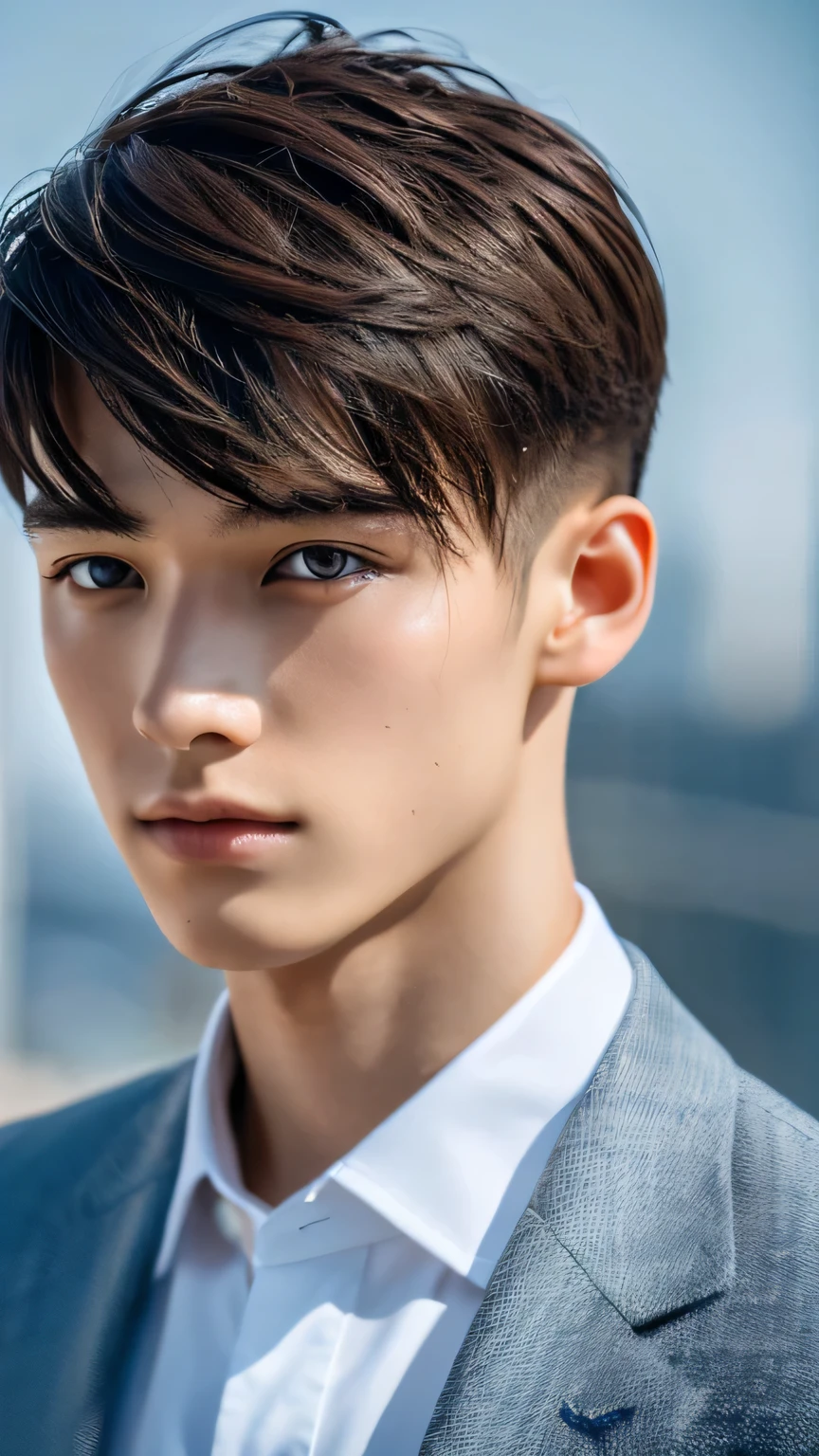 Highest quality, masterpiece, Ultra-high resolution, (Realistic: 1.4), Original photo, wallpaper, Head Photo, skin, Simple Background, Iris, detailed, Selfie, 1 boy, 18-year-old, good looking, Wind,suit