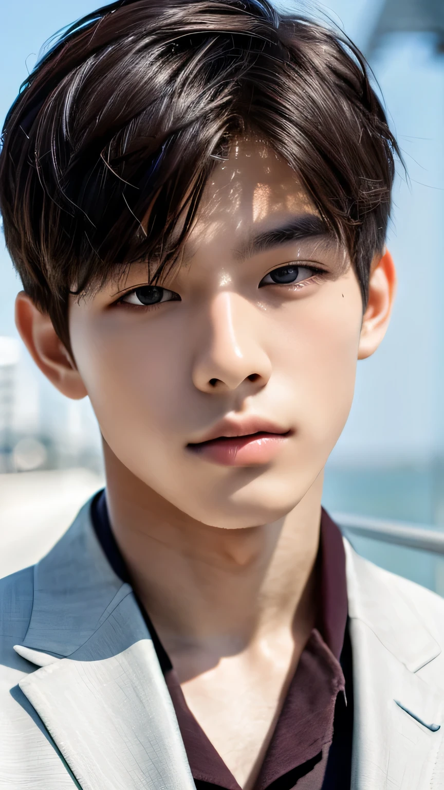 Highest quality, masterpiece, Ultra-high resolution, (Realistic: 1.4), Original photo, wallpaper, Head Photo, skin, Simple Background, Iris, detailed, Selfie, 1 boy, 18-year-old, good looking, Wind,suit