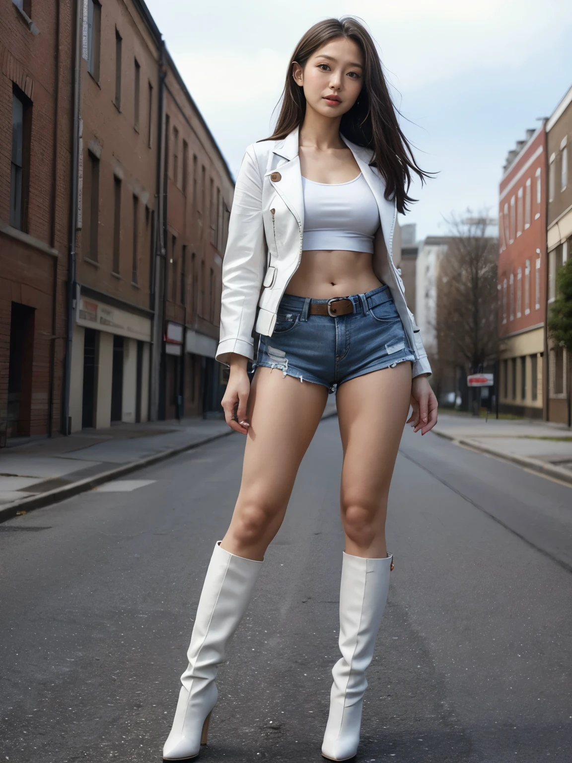 masterpiece,highest quality,High resolution,Full Body View,White jacket,Red innerwear,Belly button,Belted denim mini shorts,The heroine in white long boots with high heels,Perfect Legs,Perfect Skin,Perfect Arms,Abdominal muscles,The background is an abandoned factory