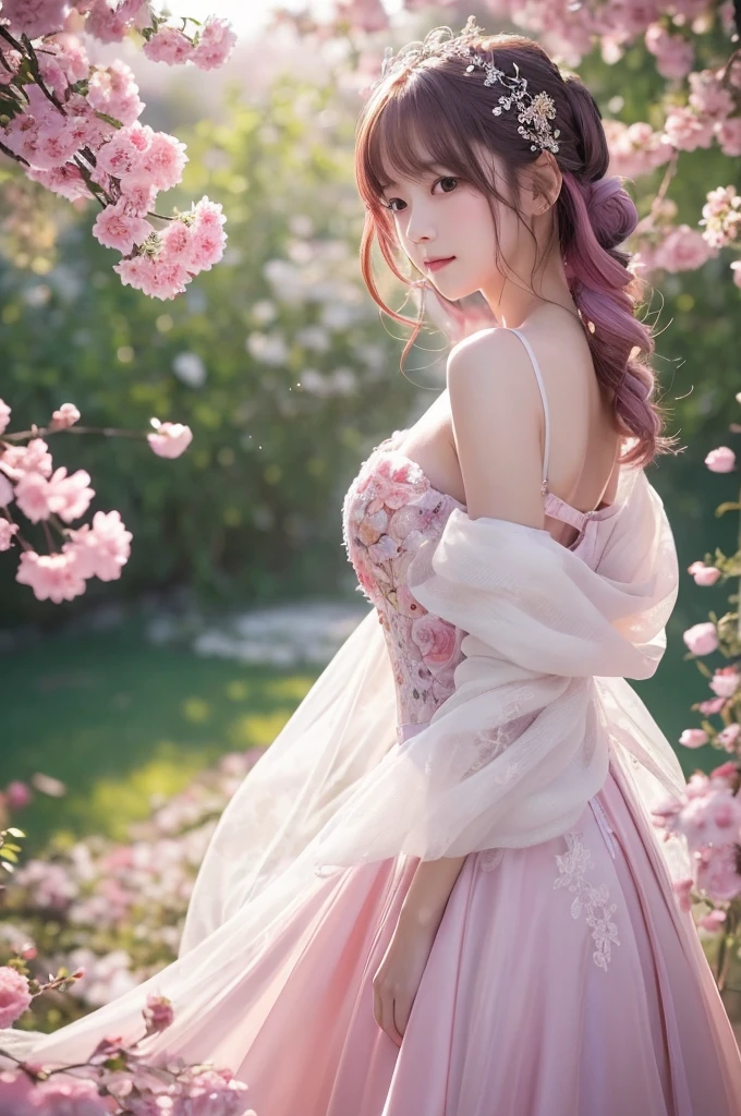 This image contains、It depicts a beautiful Japanese girl surrounded by a fantastical background.。The background is filled with pale pink and purple light.、It creates an atmosphere that makes you feel like you are in a dream.。The beautiful girl is wearing a thin white outfit.、The costume reflects the light and sparkles.。The thinness of the costume beautifully accentuates the lines of the body.、It further enhances the fantastic atmosphere.。
The beautiful girl has pink hair、Softly spreads、It shines with light。Her pose is elegant、She is leaning forward slightly and looking towards me.、She has a soft and seductive look。
As a photographic technique、The contrast of light and shadow is very realistic.、The texture of the clothes and hair in particular is depicted in great detail.。Background light effects、The way the petals flutter down is also very detailed.、Overall, a fantastic and beautiful scene has been completed.。The vertical composition emphasizes the beautiful girl's figure.、The fantastic light in the background creates a super-realistic, photo-realistic texture.。